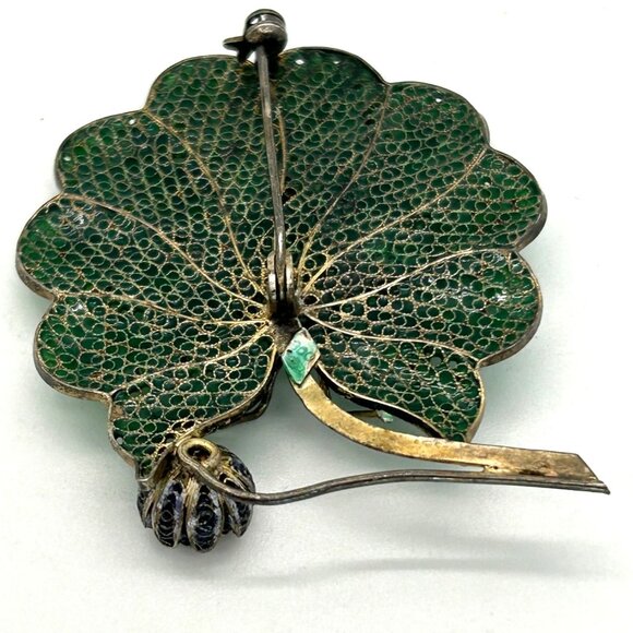 Vintage Art Deco Spider Brooch Green Leaf Flower 800 Silver Gold-tone Wash - Picture 12 of 16